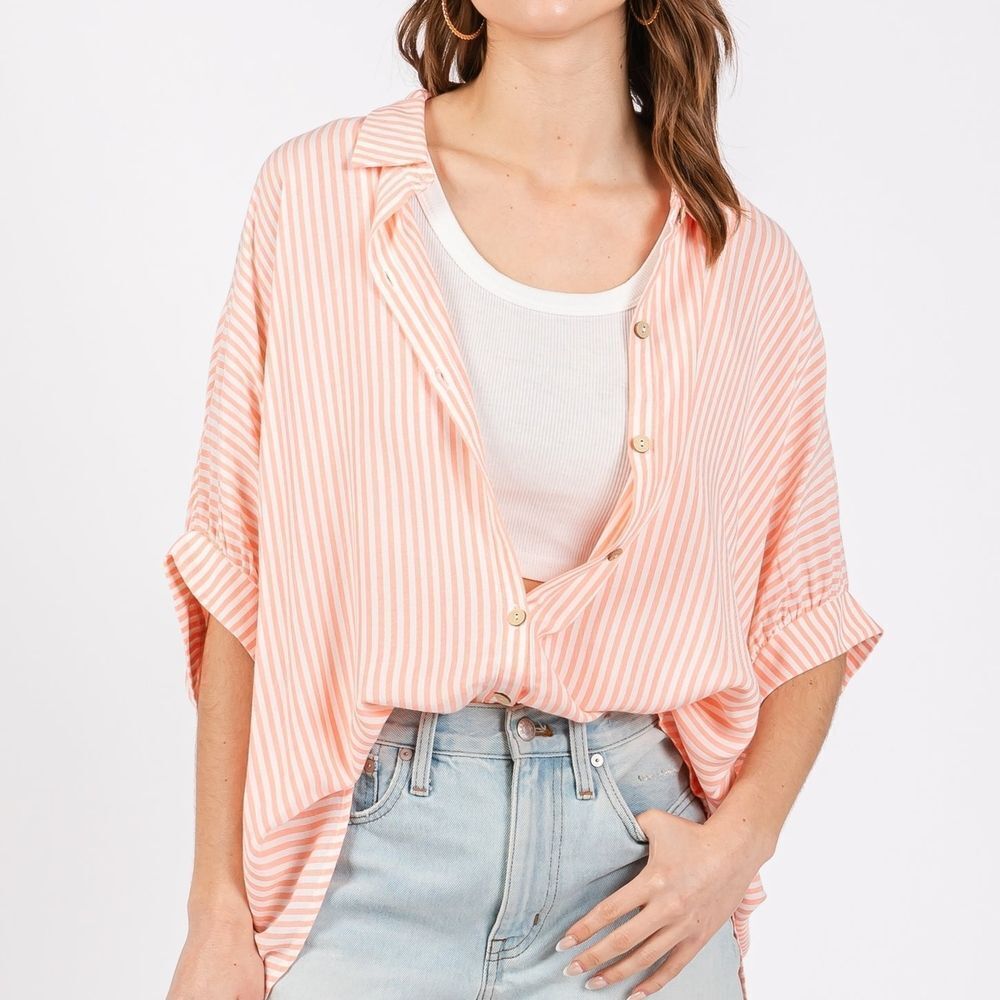 Zenana Outfitters Coral Striped Button-Down Blouse